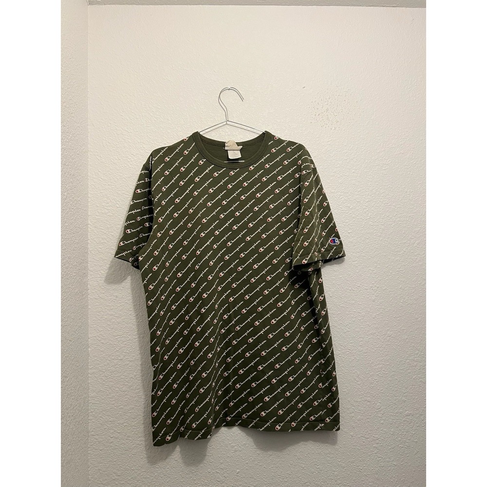 Champion T-shirt Mens Large Green Monogram All Over Print Script Logo Tee - Picture 1 of 4